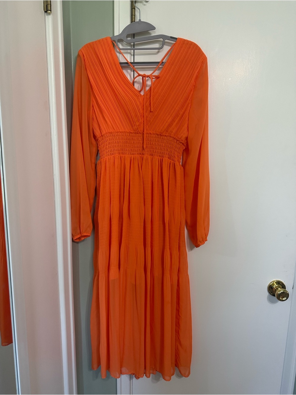 Steve Madden Bright Orange Long Sleeve Smocked Midi Dress